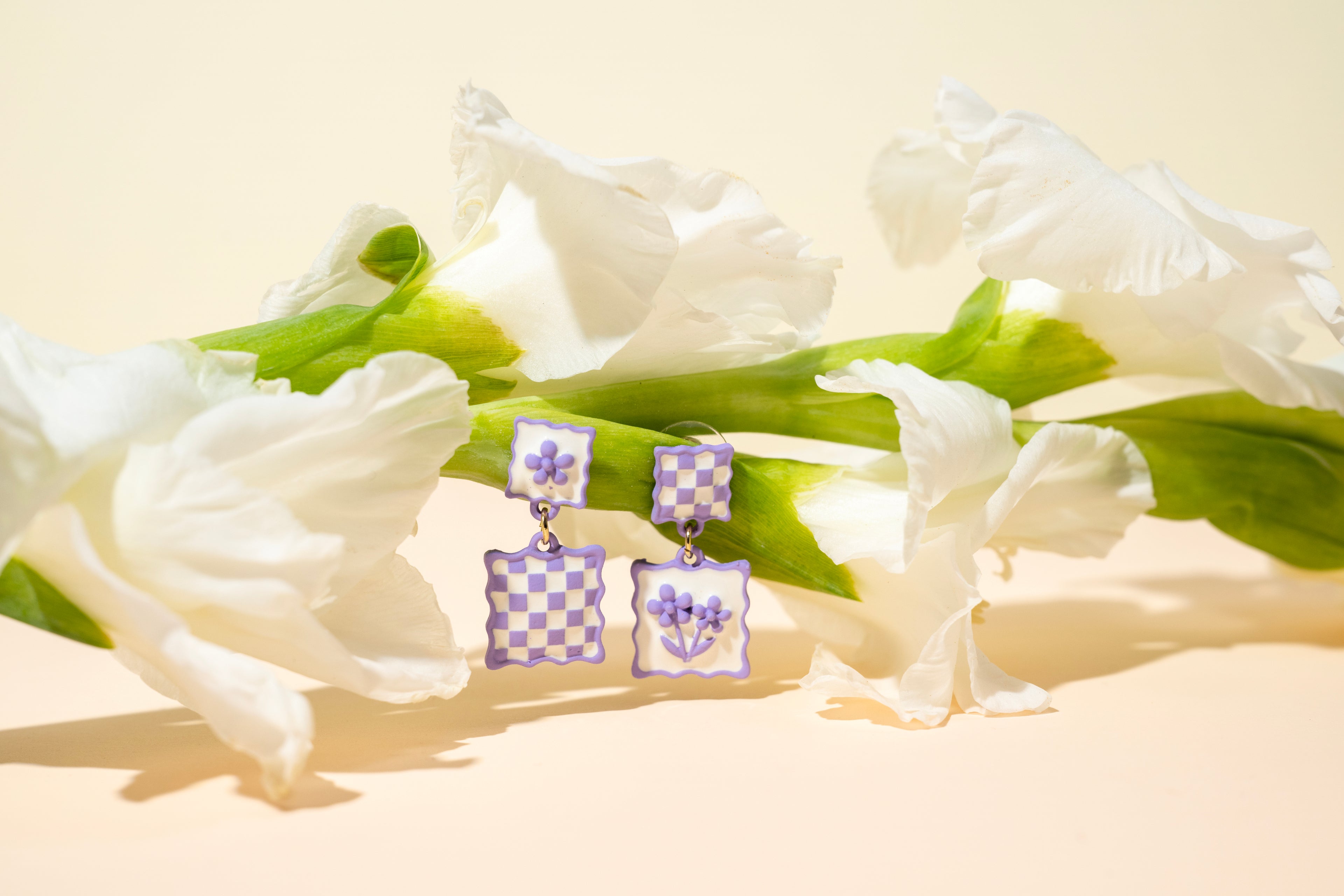 Checkered Bloom - Purple - Dangle Earrings
