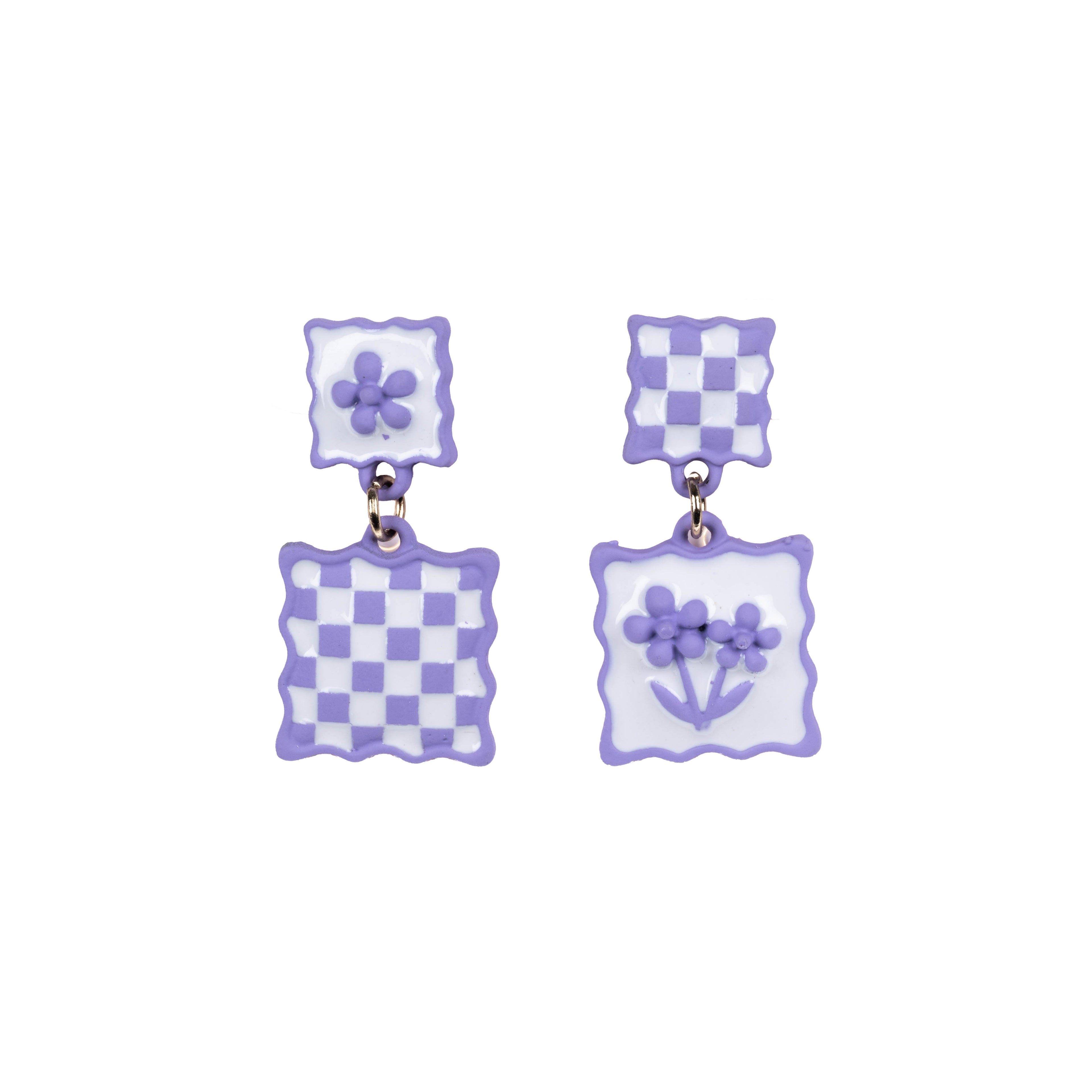 Checkered Bloom - Purple - Dangle Earrings