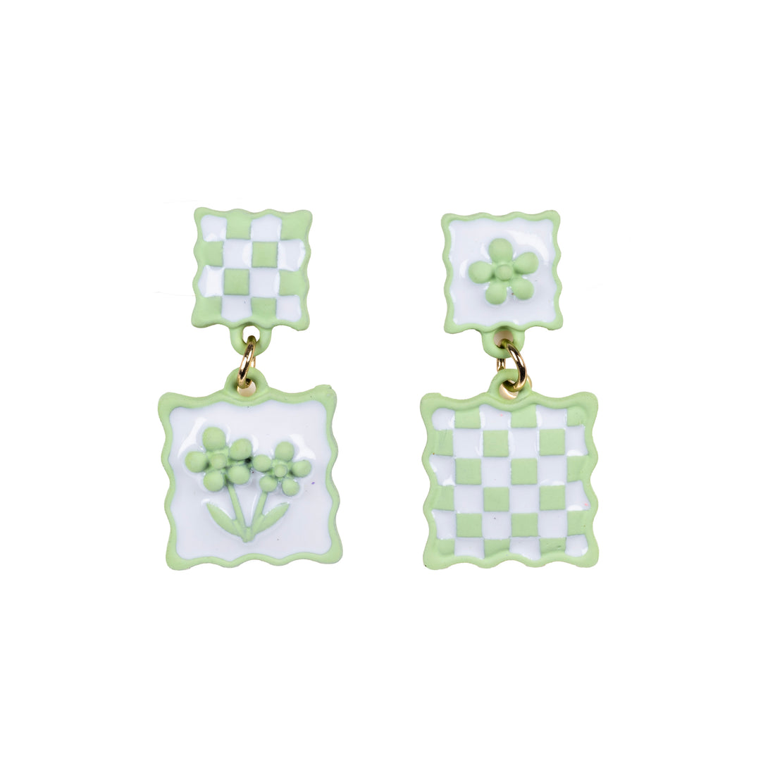 Checkered Bloom - Green - Dangle Earrings