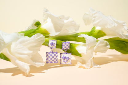 Checkered Bloom - Purple - Dangle Earrings